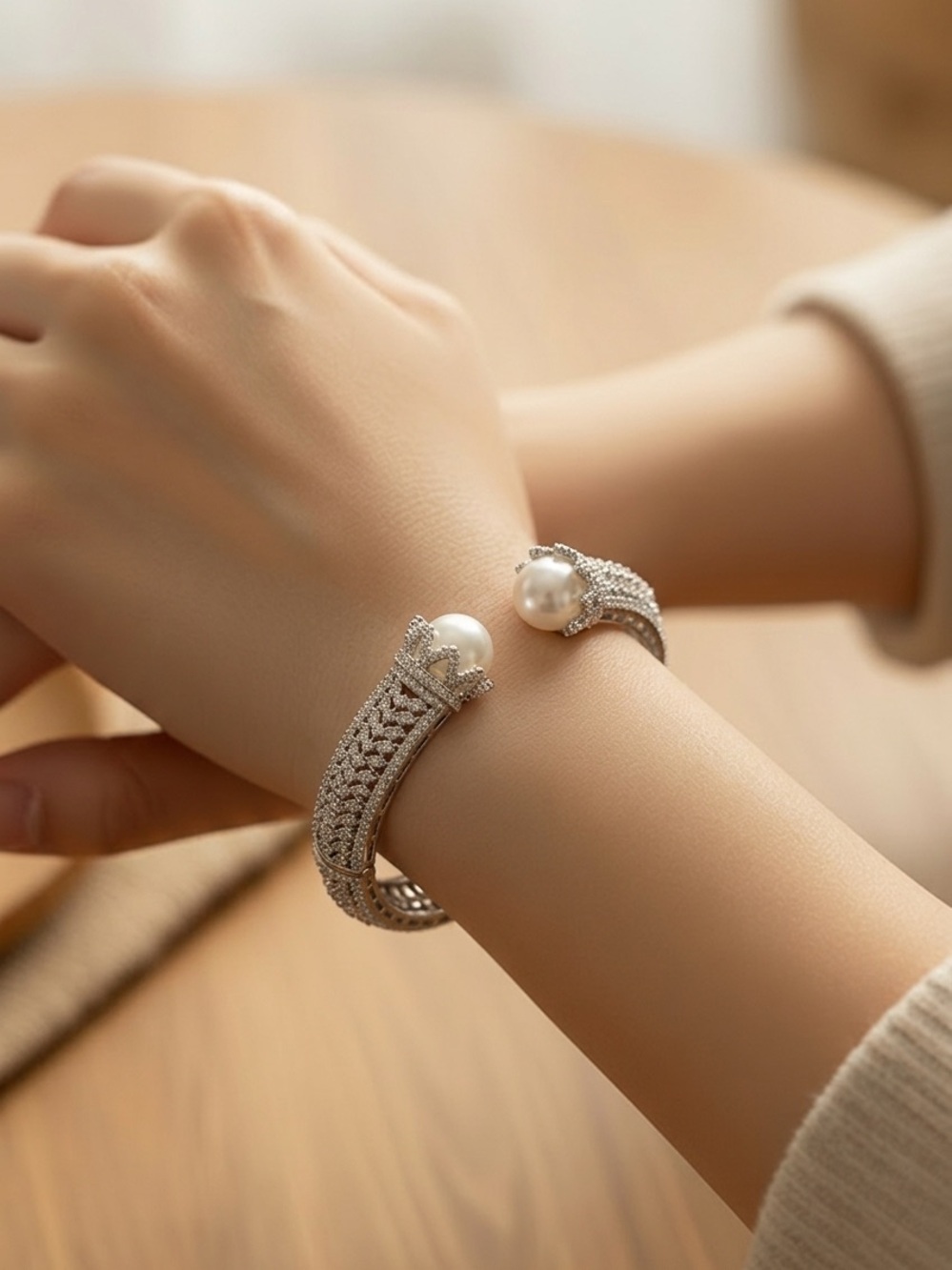 Pearl Accent Silver Cuff Bracelet - Women Jewelry